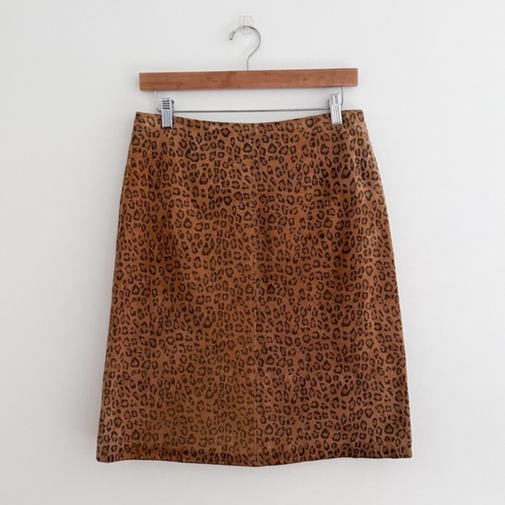 Vintage Margaret Godfrey Suede Leopard Print Skirt Size 8 Brown A-Line Midi